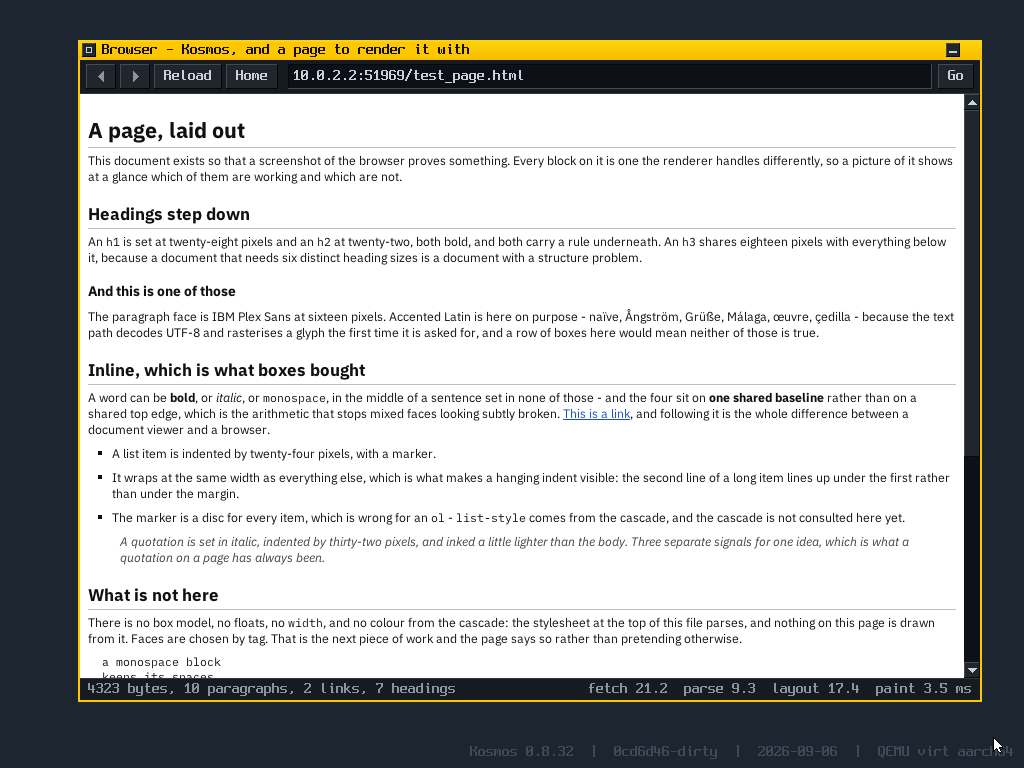 The Kosmos browser showing a rendered web
       page with headings, bold and italic text, a bulleted list and a
       link.