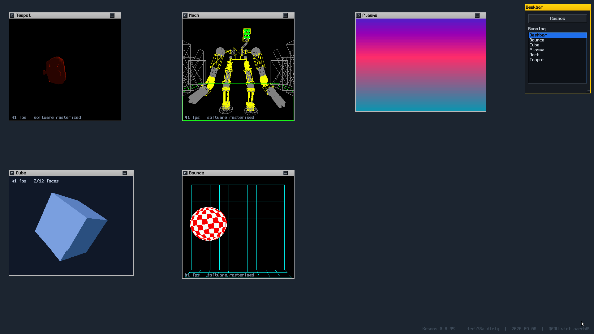 Six graphical demos running at once: a teapot, a
       mech, a plasma effect, a cube and a bouncing textured sphere.
