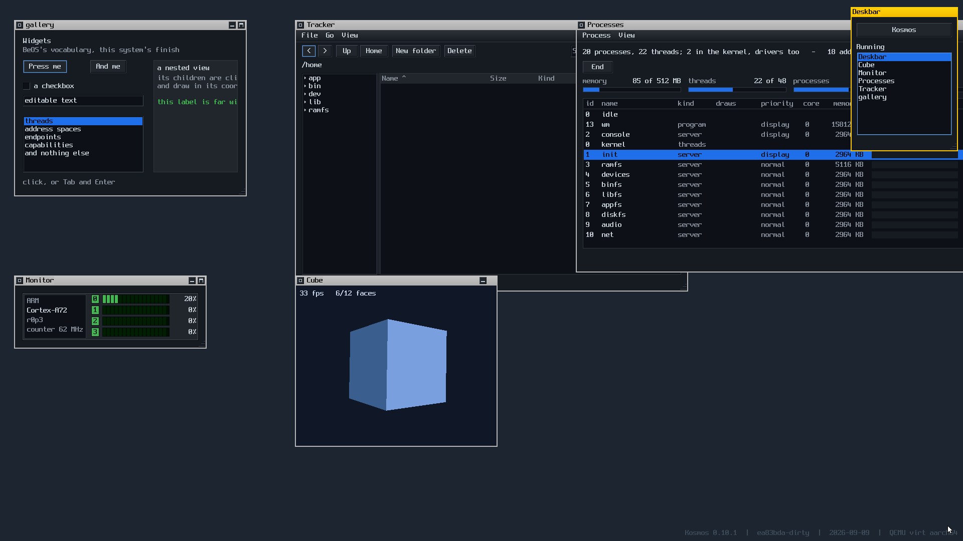 The Kosmos desktop: a file manager, a widget
       gallery, a process list, a system monitor and a spinning 3D cube,
       with the Deskbar at the top right.