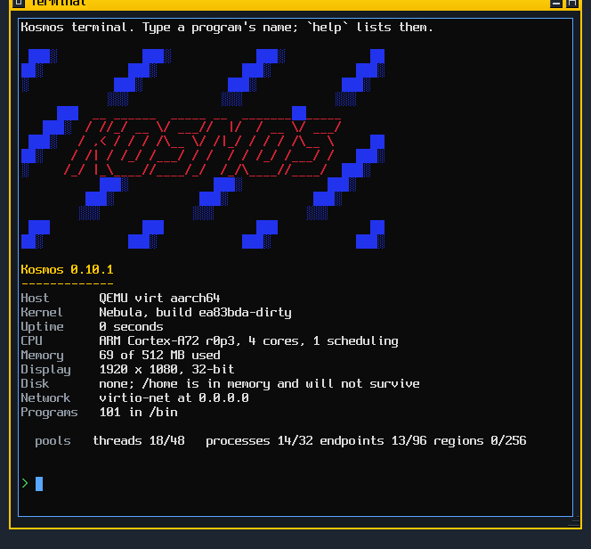 A Kosmos terminal window showing the neofetch
       banner in blue and red, above the machine's details.